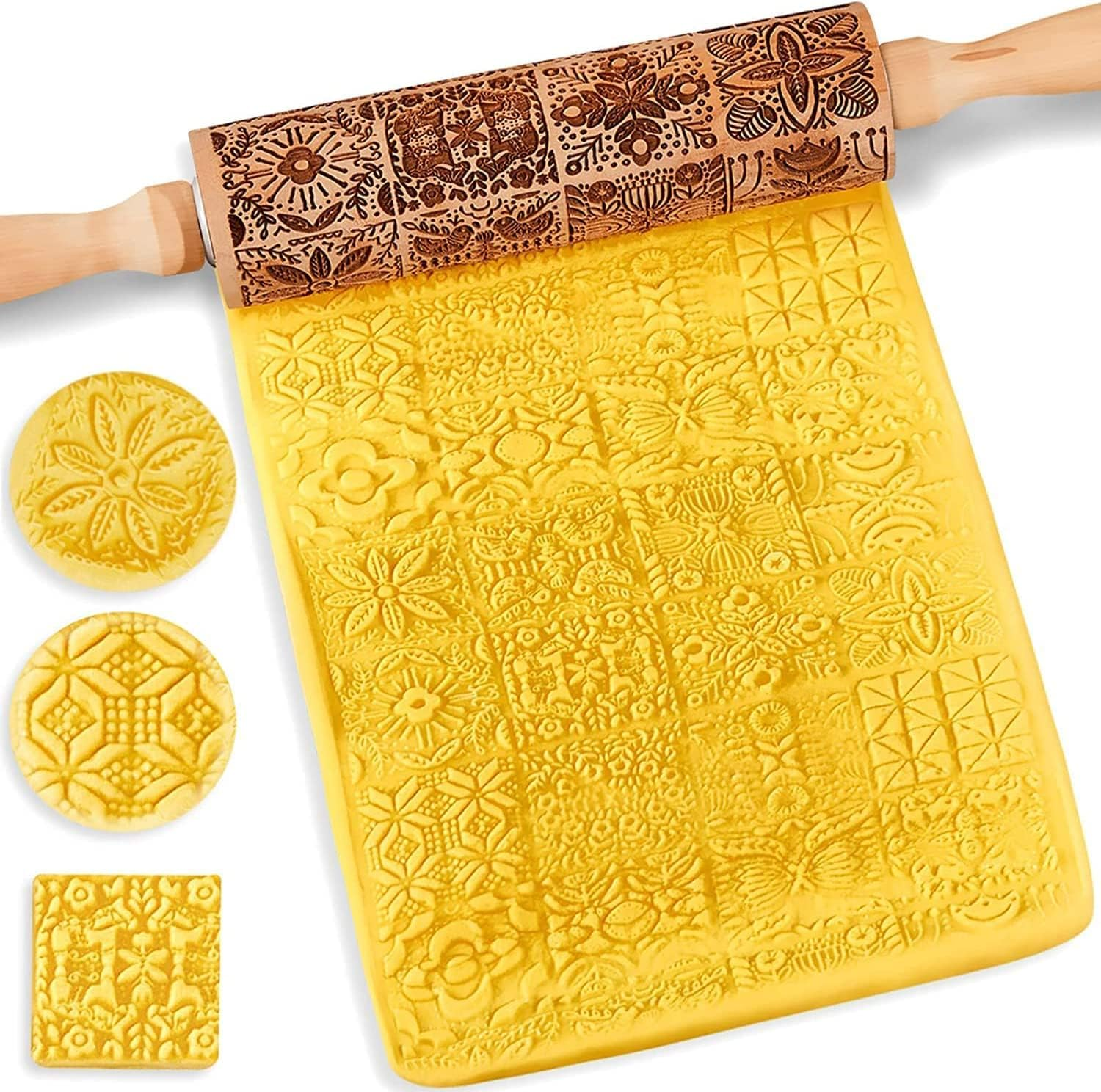 Christmas Wooden Rolling Pin for Baking Engraved Embossing Rolling Pin Cookie Stamps Roller Square Grid Cookies Mold Kitchen Decor Tools for Baking Embossed Cookies (European Fashion) image number 3