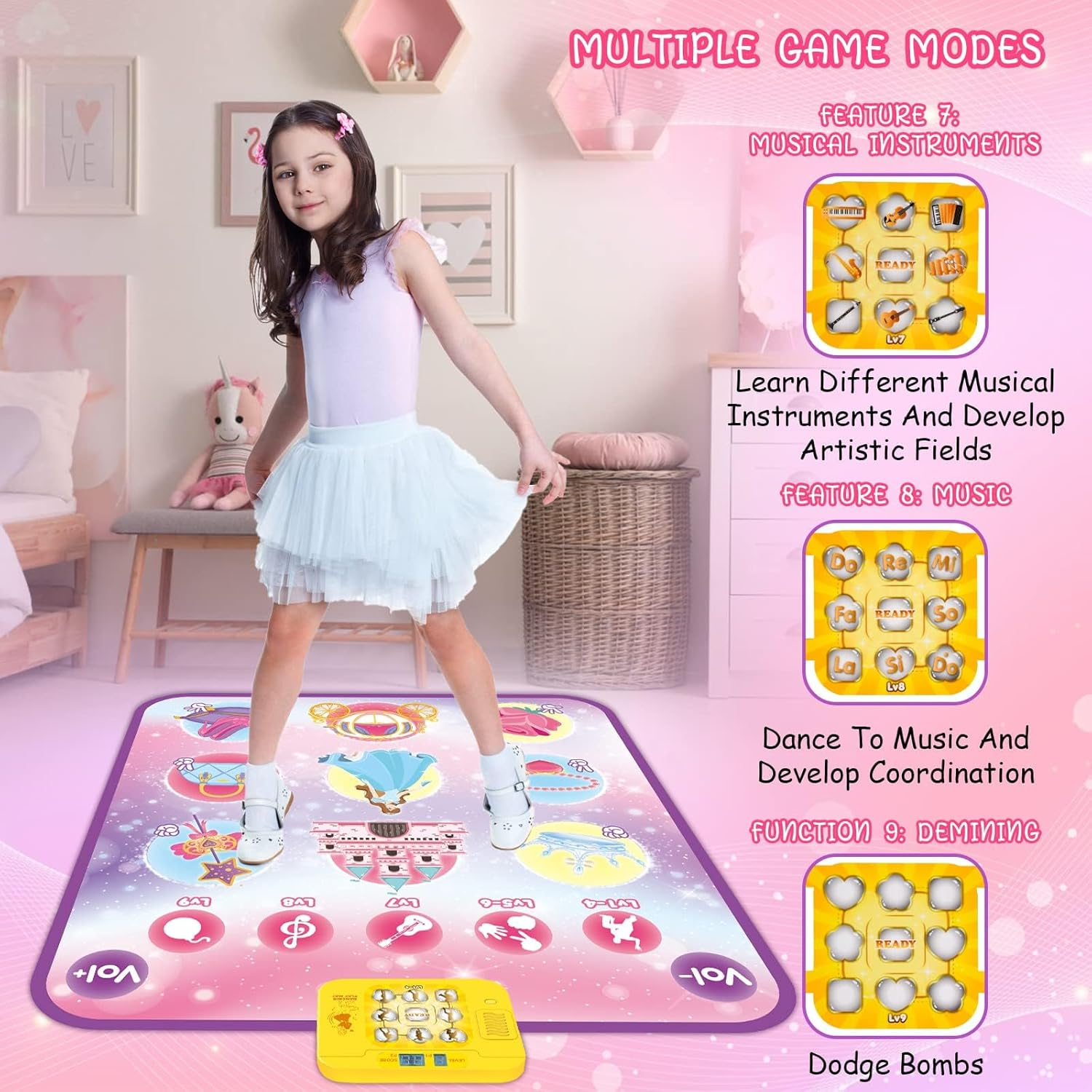 Children'S Dance Mat Toy, Musical Mat with 5 Play Modes, 3 Challenge Levels and LED Lights, Children'S Dance Mat, Birthday Gift, Electronic Educational Toys for 3-12 Years Olds image number 4