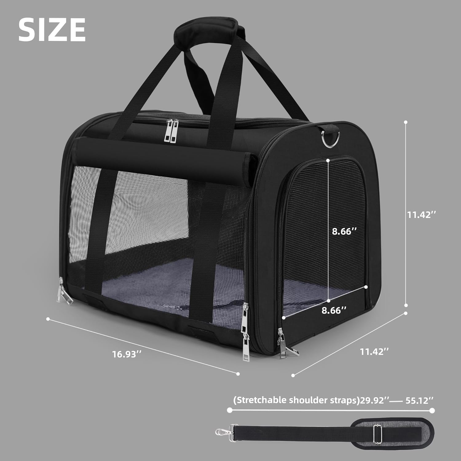 TWDEPART Dog, Cat Carrier- Durable, Ventilated & Foldable with Roll-Up Shade, Includes Free Collapsible Bowl & Cushion for Stress-Free Travel (Black) - Grey image number 6