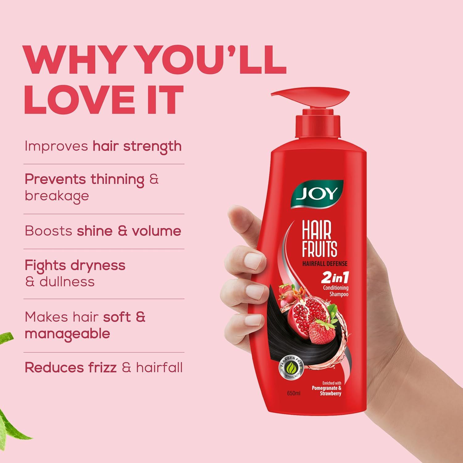Joy Hair Fruits Hairfall Defense Conditioning Shampoo Enriched with Pomegranate & Strawberry, 650 Ml image number 2