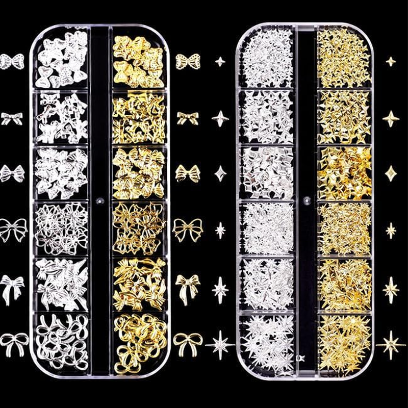 Limcryspp 2-Pack 3D Nail Accessory Set - Gold and Silver Bow, Star Rivet Metal Nail Decoration, Suitable for Nail Plates, Fashionable Nail Design Accessories image number 2