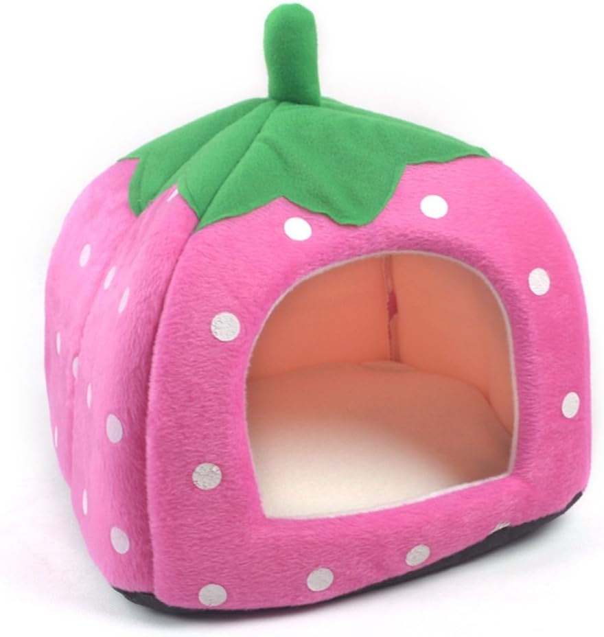 Wowowmeow Foldable Pet Strawberry Warm Fleece House Bed Cage Cave for Dogs, Cats, Rabbits and Small Animals (S, Pink) image number 1