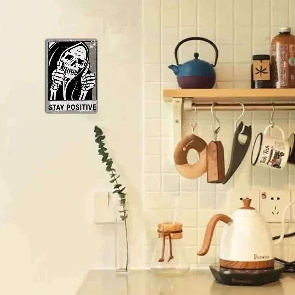 Skull Sign Vintage Stay Positive Wall D&eacute;cor Funny Retro Sign for Home Living Room Gifts Metal Tin Sign (8X12In) image number 1