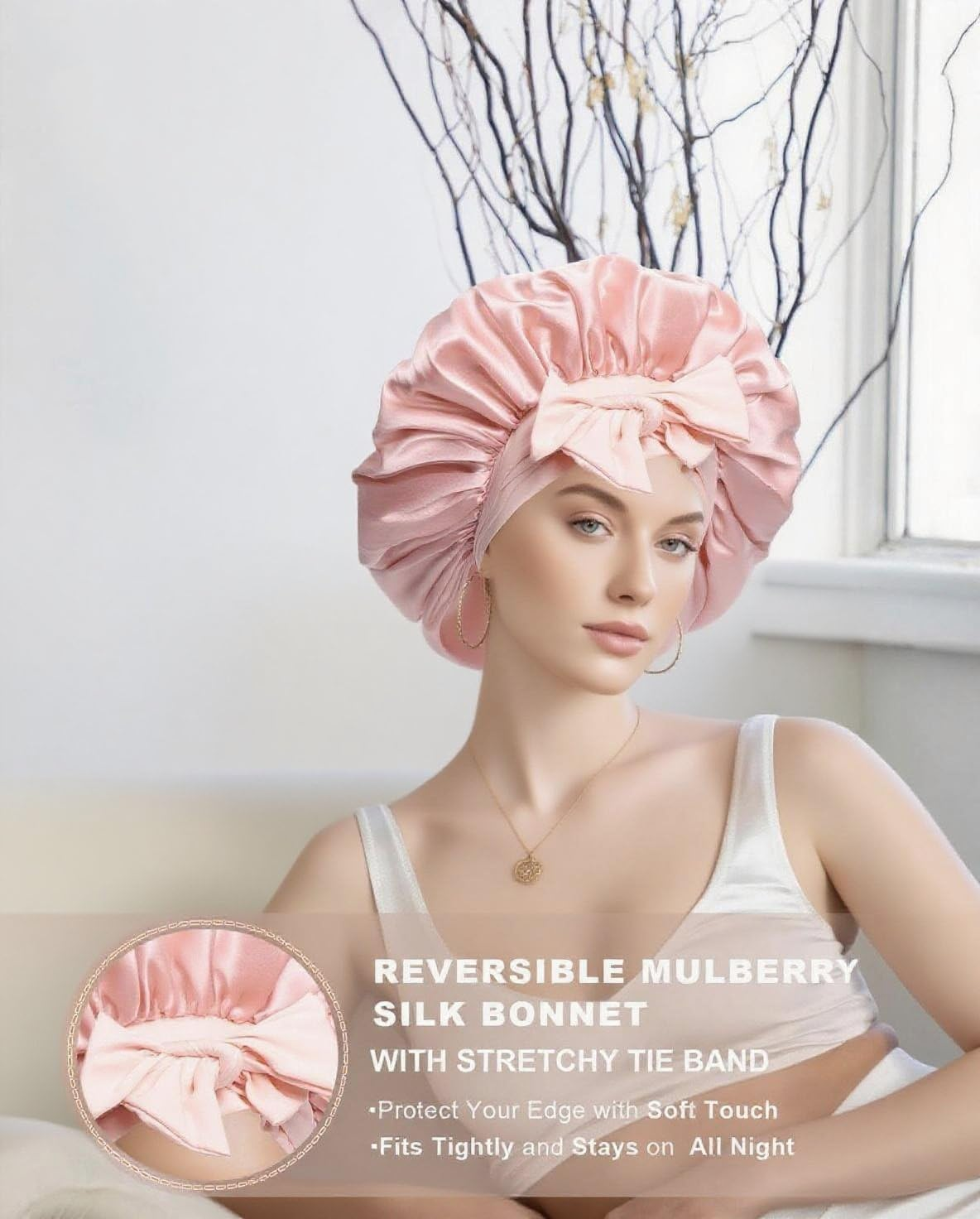 100% Silk Bonnet for Sleeping, Double Layer 22 Momme Mulberry Silk Hair Bonnet, Silk Wrap with Soft Tie Band Sleep Caps for Women image number 5