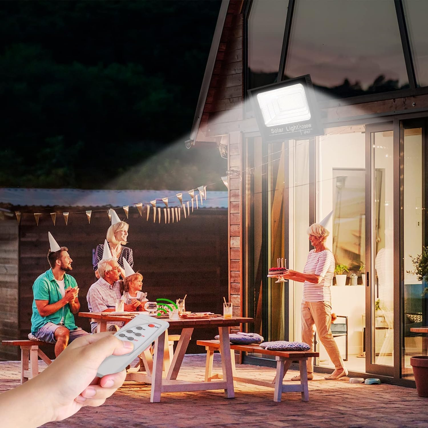 Solar Lights 1200W Outdoor Solar Wall Big Spotlight Garden 10000 High Lumens IP67 with Remote Control 5 Modes Adjustable Brightness from Dusk to Dawn Dimmable 6500K Black image number 4