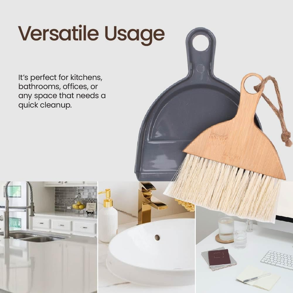 Eco Basics Mini Dustpan & Brush &ndash; FSC Bamboo Handle, Ocean-Bound Hard Plastic & Post-Consumer Recycled Bristles, Compact Set for Tabletops, Countertops, Desk, Pets Hairs, Keyboard Clean-Ups, 16.5X20Cm image number 2