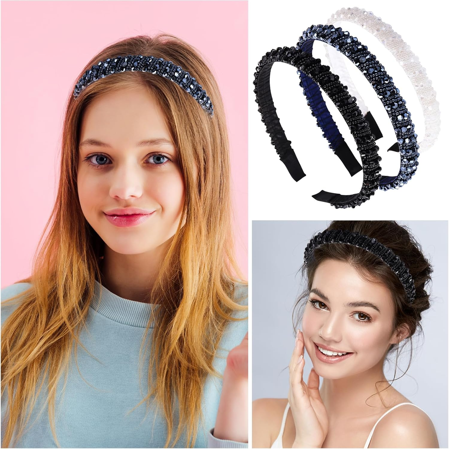 Pack of 3 Women'S Headband with Crystal Beads, Glitter Headband, Rhinestone Hair Band, Bling, Crystal Headbands, Wedding, Evening Party, Prom, Fashionable Padded Headband image number 2