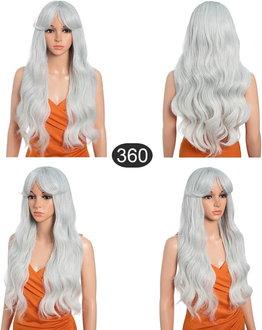 26 Inch Long Wavy Wigs for Women, Black Wig with Bangs, Ombre Brown Wig with Dark Roots, Long Layered, Heat Resistant, Synthetic, Natural Looking for Daily Party Use (T-Grey 31) image number 3