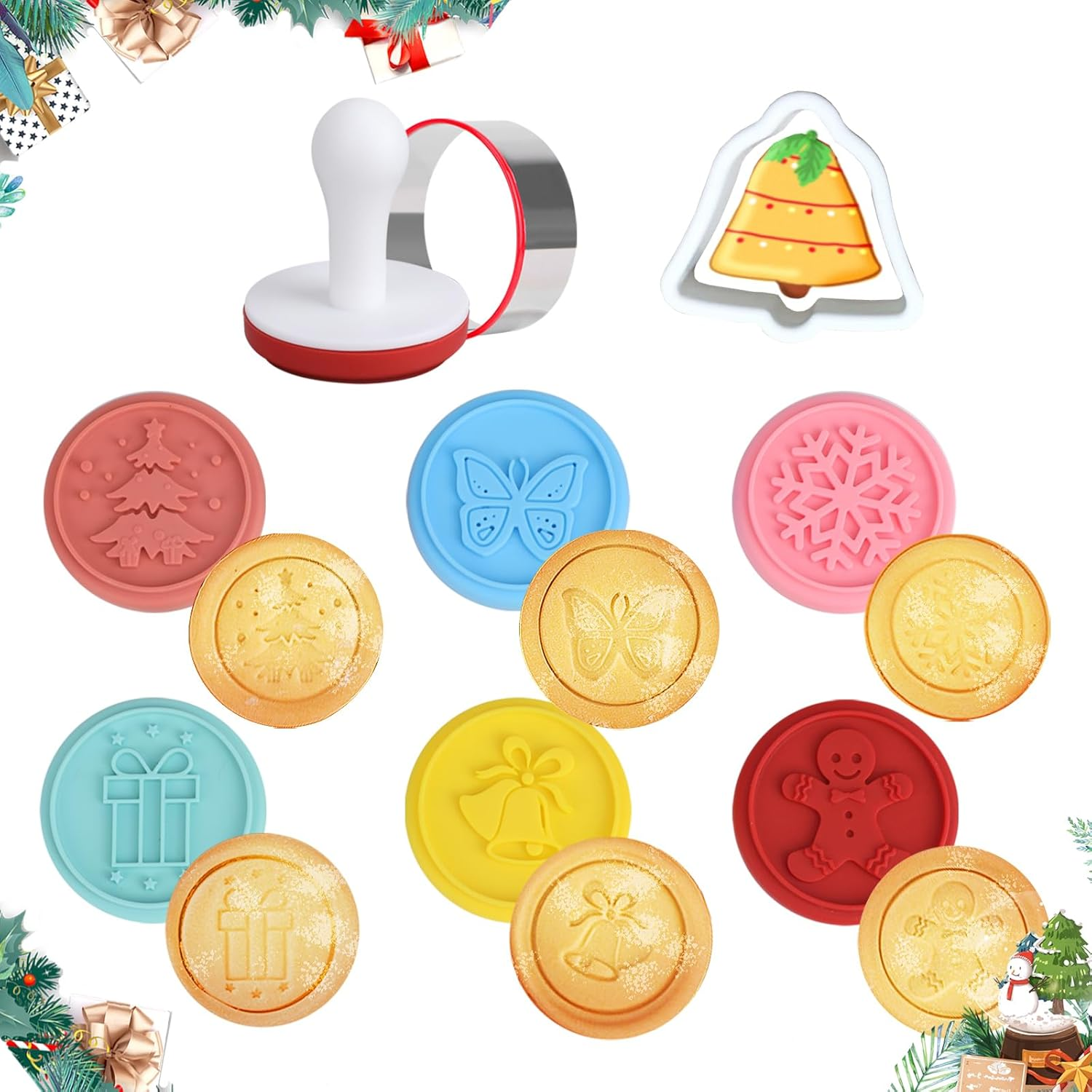 7PCS, Cute Christmas Silicone Cookie Stamps Set Included 6 Stamps and 1 Cookie Cutter Cuts, Homemade Xmas Cookies Stamps for DIY Baking, Cookies Embossing Mold for Holiday Party, BPA Free image number 1