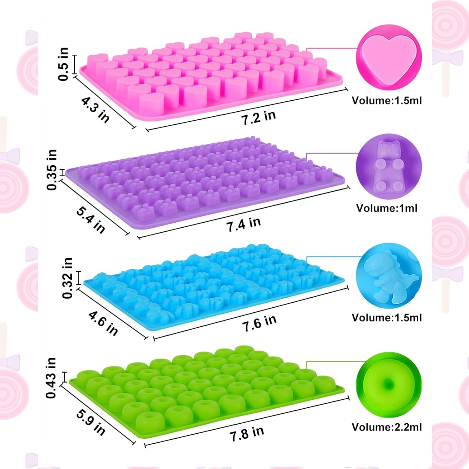 4 Pack Gummy Bear Candy Molds Silicone, Gummy Molds with 2 Droppers, Non-Stick Silicone Candy Molds Including Mini Dinosaur, Bear Shape, Hearts and Mini Donut image number 2