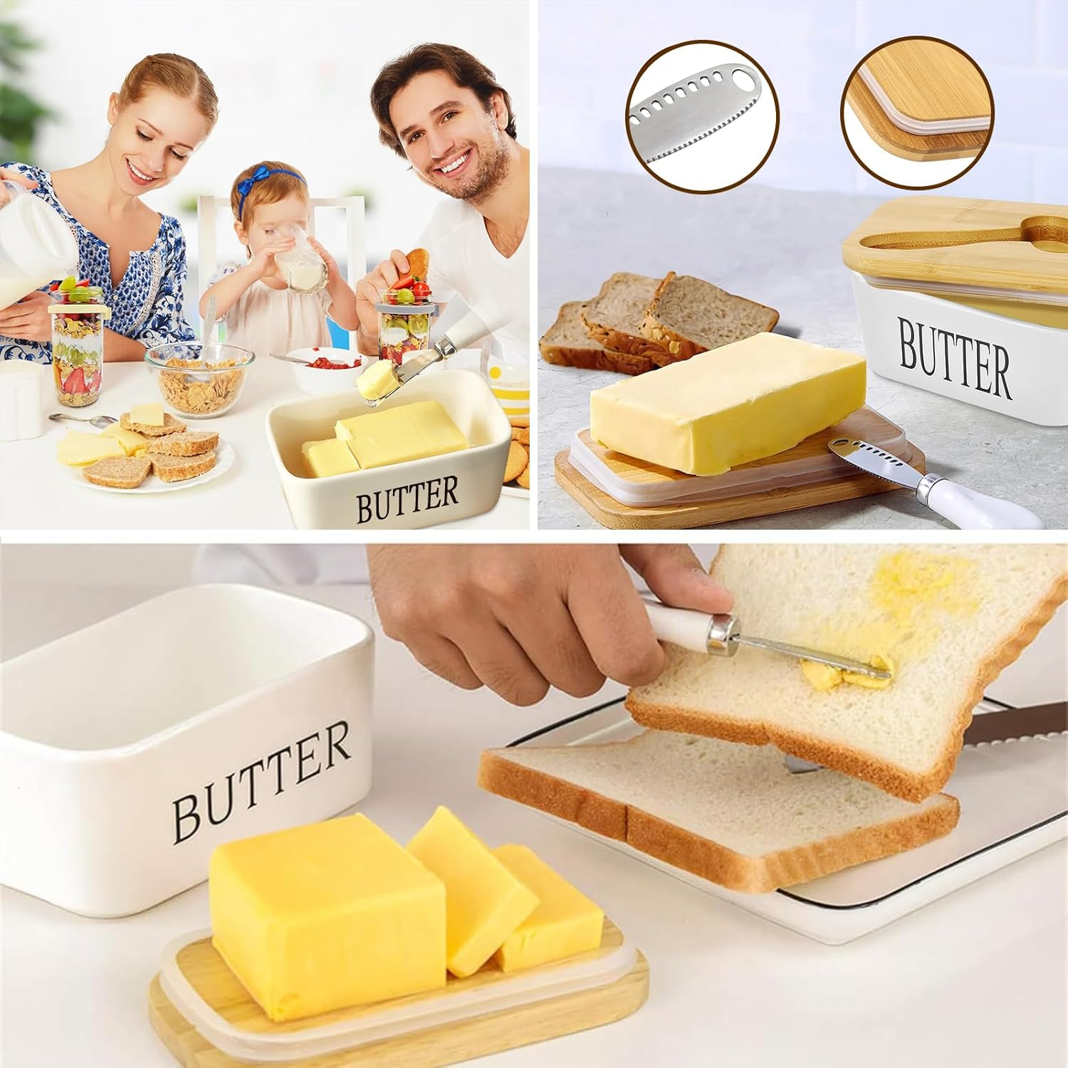 Porcelain Butter Dish with Lid for Countertop Butter Dish Metal Butter Keeper with Stainless Steel Multipurpose Butter Knife Butter Container with Quality Silicone Good Kitchen Gift White