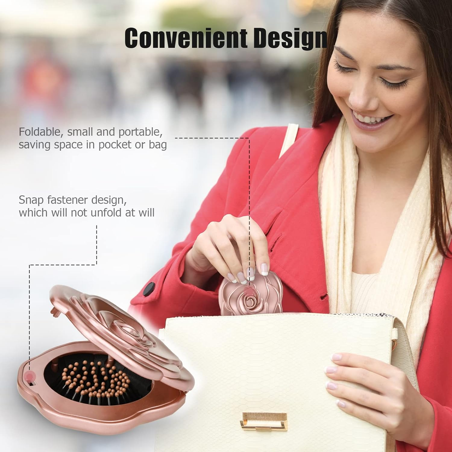 Travel Folding Hair Brush, Roses Mini Pocket Mirror Brush Easy to Carry for Small Spaces Nylon Brush/Comb/Hairbrush for Women Men'S Any Hairstyles Hair and Beards Wet Dry Hair Restore Shine image number 3