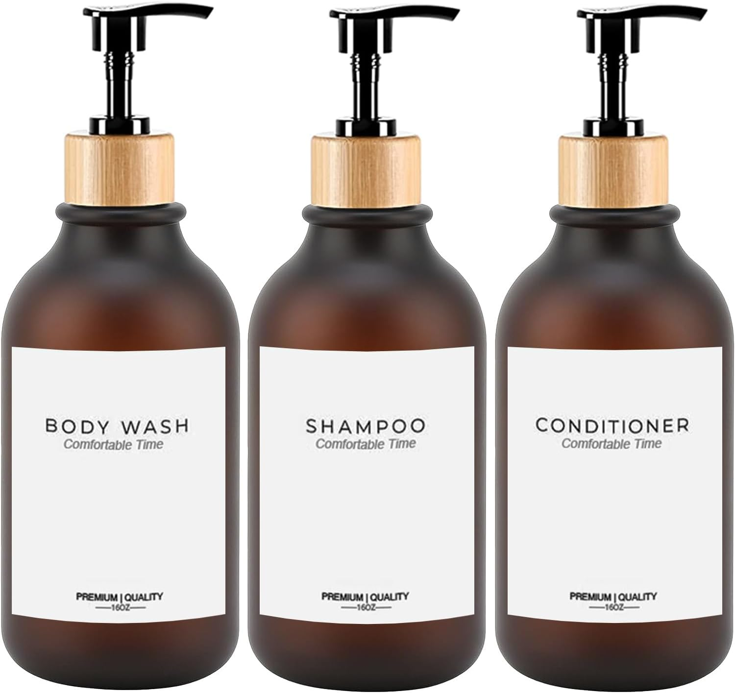 Frosted Heavy Duty Shampoo and Conditioner Bottles, Apothecary Dispenser Bamboo Pump, Refillable Shampoo Bottles for Shampoo Lotion Oil Shower Soap Hand Soap and Dish Soap (Matte Amber)