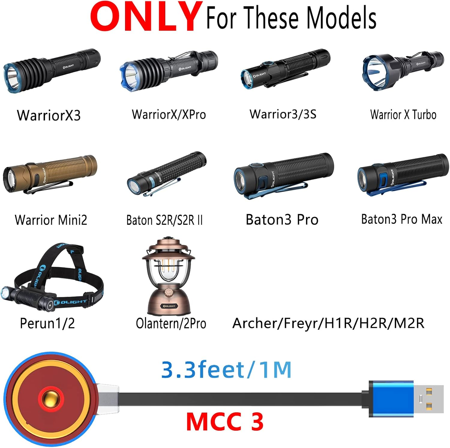 MCC 3 Magnetic Charger Compatible with Olight Odin Series, Olantern Series, Perun, Perun 2, Javelot, Marauder Mini, Seeker 3 Pro, Warrior Series, Baton S2R, Baton 3 Pro/Max, 3.3 FT/1M image number 2