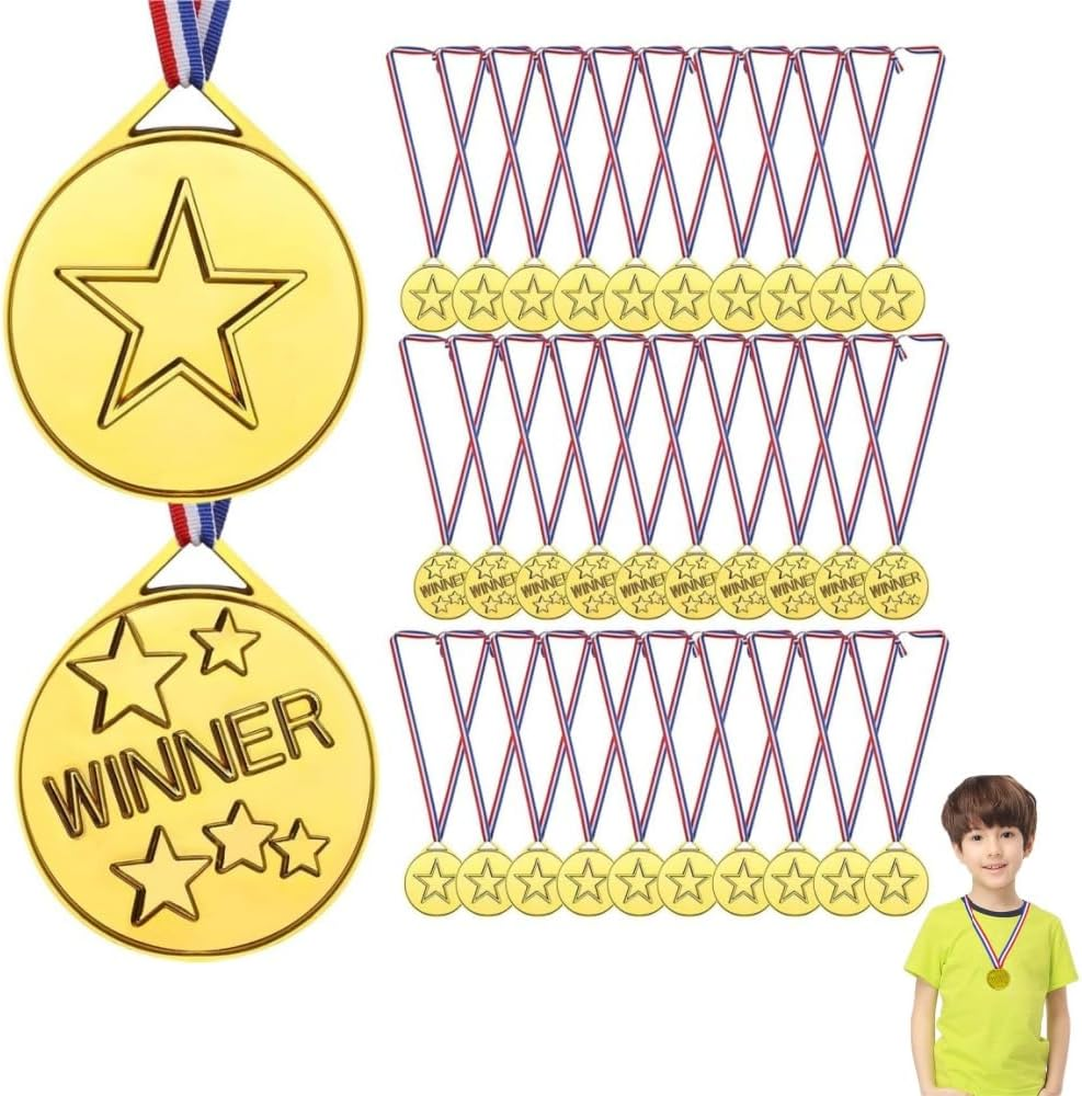 30 Gold Plastic Winners, Student Award Plastic Neckband Medals, and Participation Medals for Winners of Game Competitions, Sports, and Activity Performances image number 3