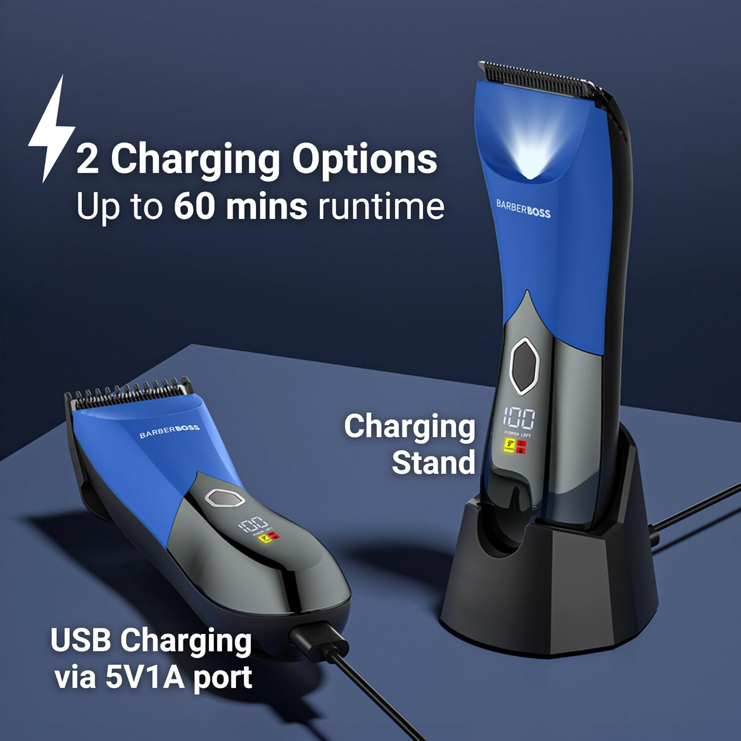 Barberboss Rechargeable Body Hair Trimmer for Men, Blue Intimate Shaver with Waterproof Design, LED Display, Body and Beard Trimmer with Adjustable Combs