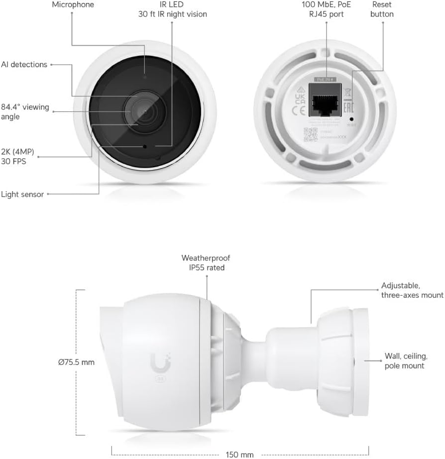 Ubiquiti Unifi Protect 2K HD Uvc-G5-Bullet Camera with Night Vision, White/Black image number 1