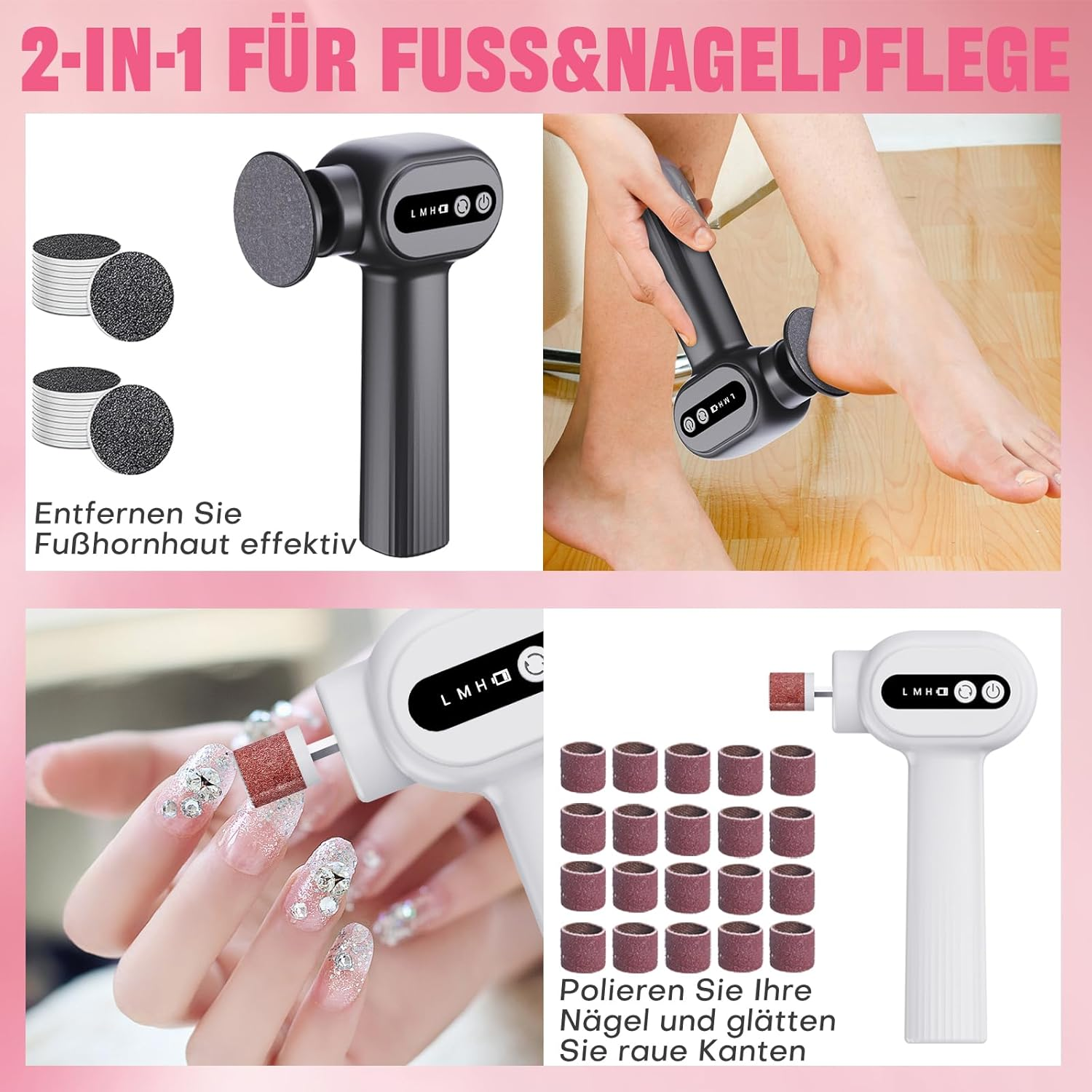 Bostar Electric Callus Remover, 6 Speeds, 3-In-1 Professional Callus Removal, Foot Care, Nail Care, Pedicure Set with 2 Nano Glass/40 Replacement Pads for Dead Hard Skin Women (White)