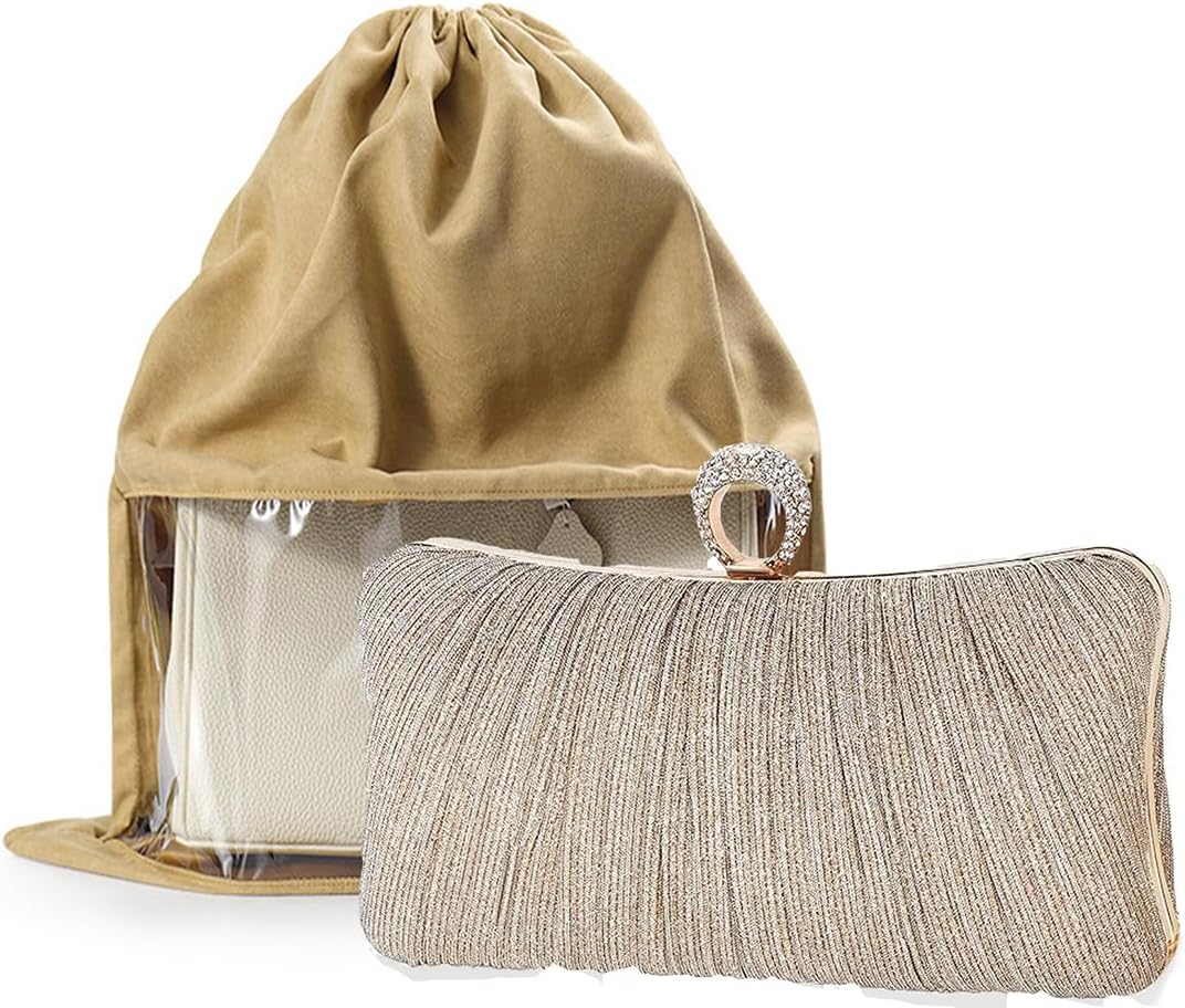 Womens Golden Glitter Clutch Purse Pleated Evening Bag, Evening Handbag Bling Bag with 2Pcs Strap, Clutch Purse for Women for Party Wedding image number 4