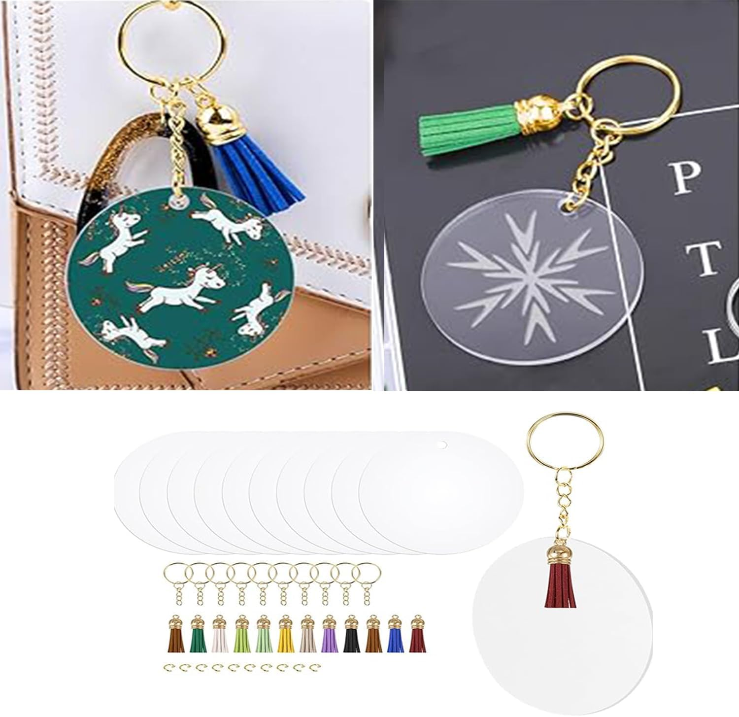 Roczential 120 Pack Blanks, Craft Tassels, Bulk Acrylic Keychain for Craft Set with Acrylic Blanks, Key Rings, Tassels and Jump Rings, DIY Keychain Supplies image number 5