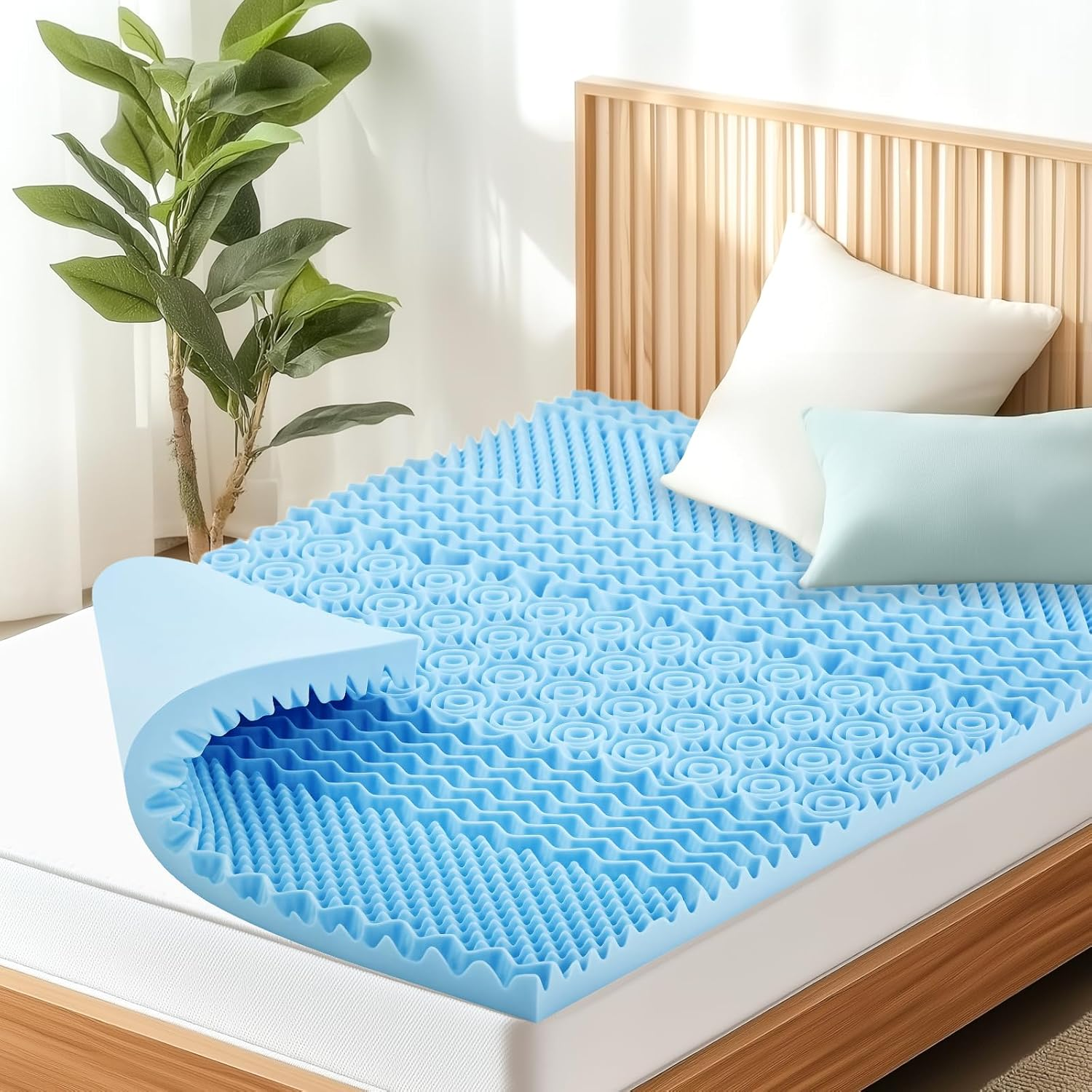 Ufurniture 8 Cm Mattress Topper Memory Foam with Cool Gel Infusion, 7 Zone Blue Egg Crate Foam Bed Topper for Pressure Relief and White Removable Bamboo Fabric Cover (Double) image number 6