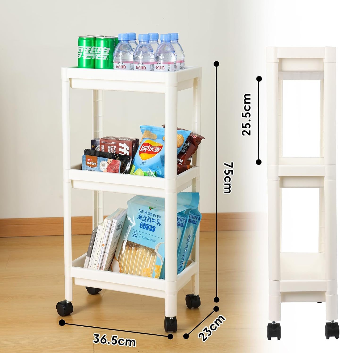 Okam 3-Tier Slim Storage Trolley Cart - Slimline Bathroom and Kitchen Storage Unit with Hooks, Aeration Holes, Smooth Wheels, Perfect for Narrow Gaps, White. Stands 75Cm Tall Narrow Storage Unit image number 4