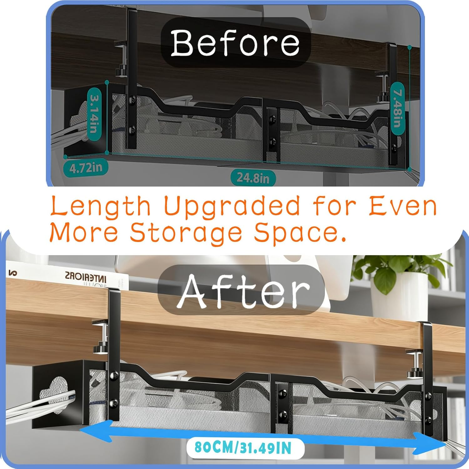 Cable Management, 80Cm No-Drill Cable Management Tray with Secure Clamps, under Desk Wire Holder for Home Office & Gaming Setups, Scratch-Resistant image number 5