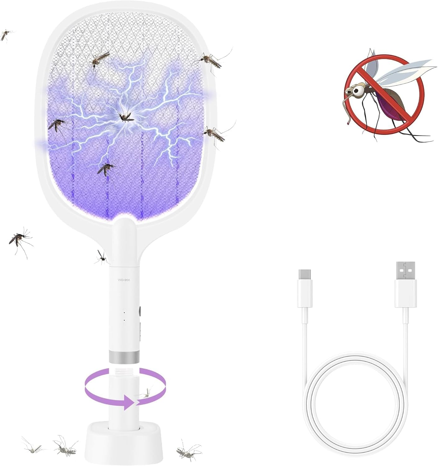 Peacafulife Electric Fly Swatter Rechargeable 4000V Bug Zapper Racket, 2-In-1 Detachable Bug Swatter Mosquito Killer with Purple Light & 3-Layer Safety Nets Portable Fly Zapper for Indoor Outdoor image number 4