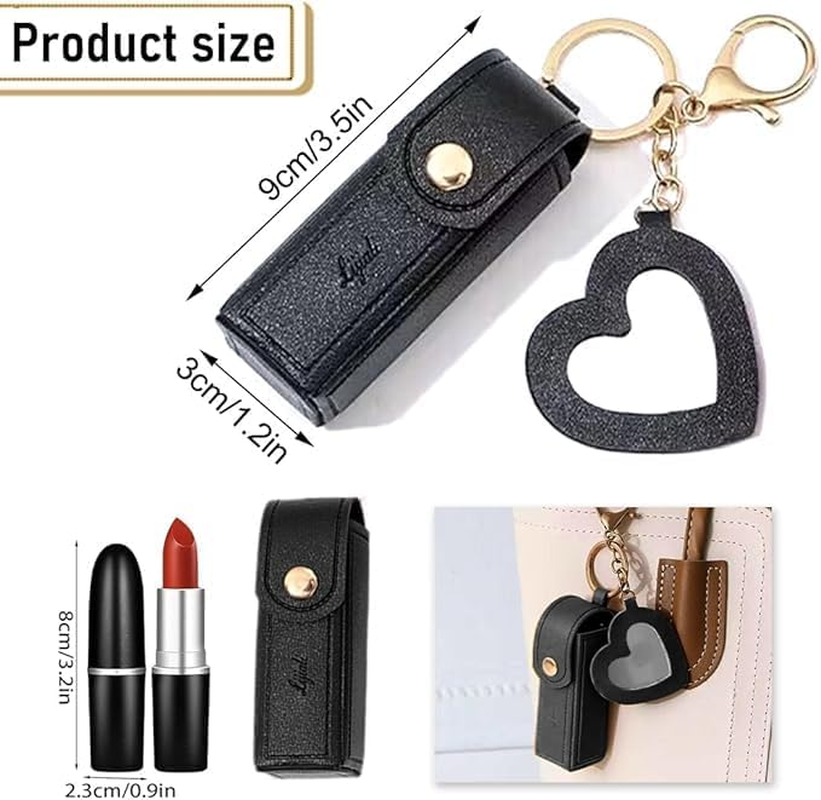 KOMUNJ Leather Lipstick Case with Heart Mirror, PU Chapstick Case, Lipstick Holder, Lip Gloss Bag, Lip Balm Bag for Women, Travel, Party, Gift, Pack of 4