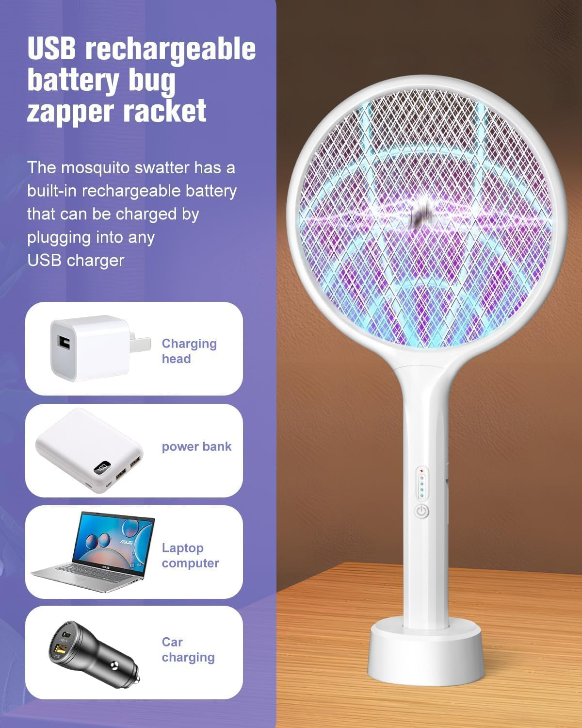 Electric Fly Swatter 4000V Bug Zapper Racket 2 in 1 Fly Swatter with 2000Mah Battery Rechargeable Mosquito Killer Lamp with 3 Layers Safety Mesh for Indoor and Outdoor