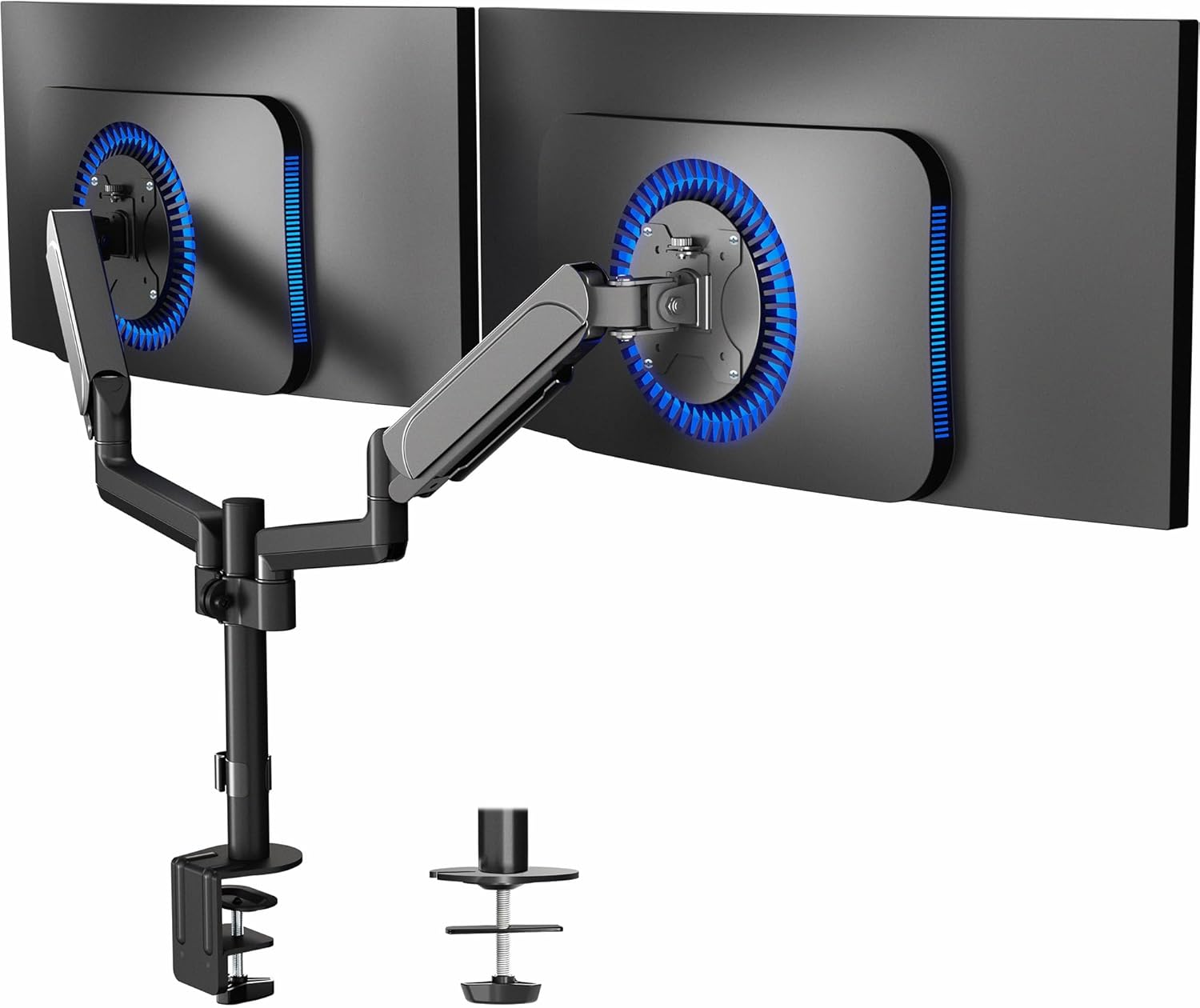 VIVO Dual Arm Computer Monitor Desk Mount with Pneumatic Height Adjustment, Full Articulation, Vesa Stand with C-Clamp and Grommet, Holds 2 Screens up to 32 Inches (Stand-V002K) image number 4