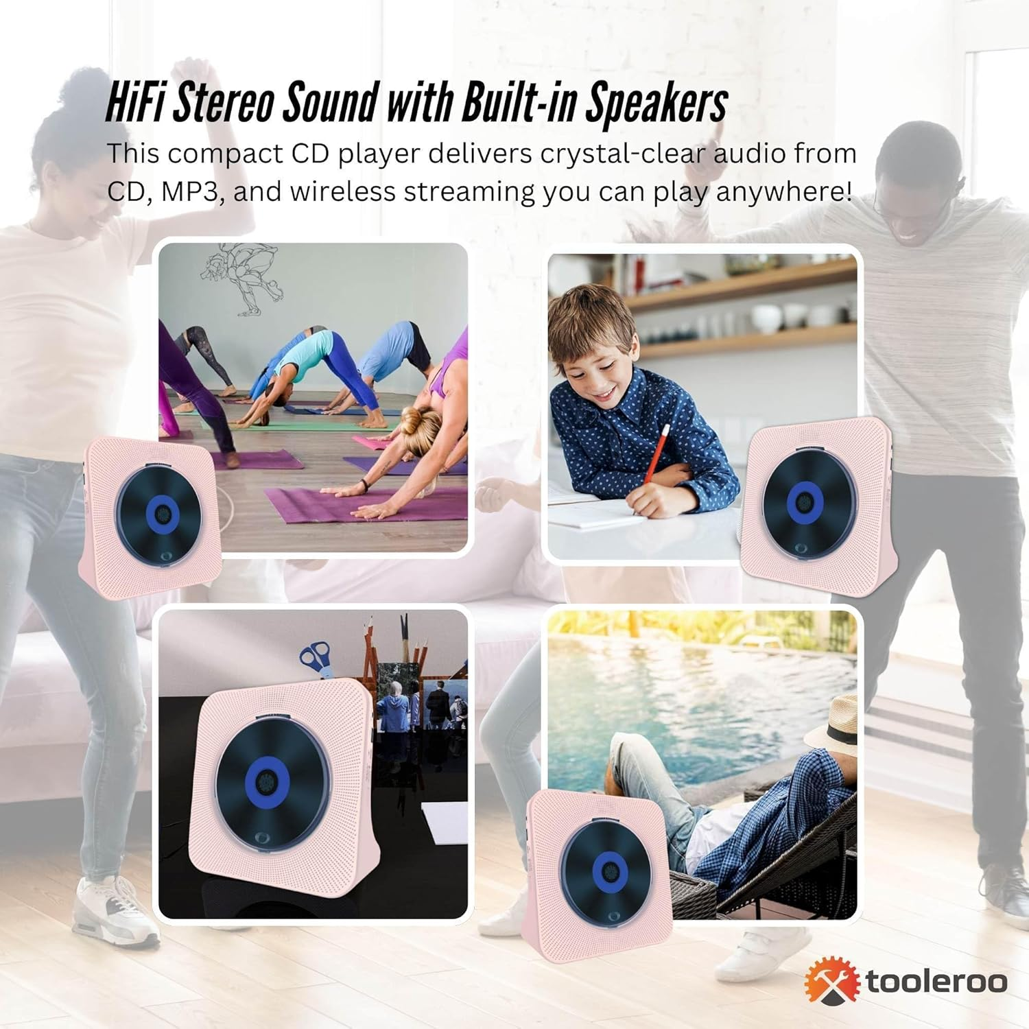 Tooleroo USB Rechargeable Desktop CD Player Speaker &ndash; Bluetooth Portable Pink image number 1