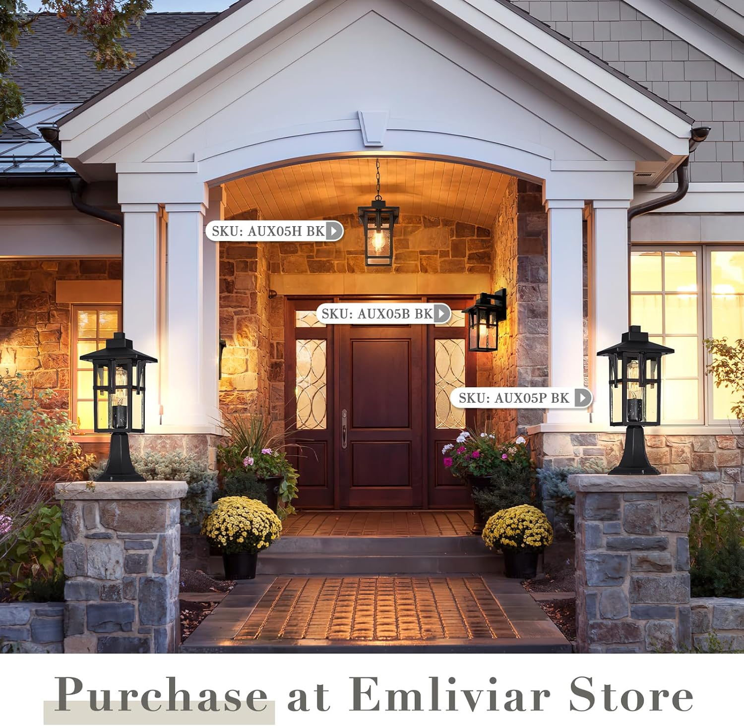 EMLIVIAR Exterior Ceiling Pendant Light for Hallway Porch, Modern Outdoor Hanging Light, Black Finish with Seeded Glass, AUX05H BK image number 5