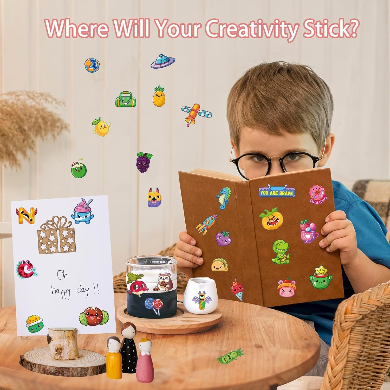 1000+ Cute Animal Sticker Book for Kids,Spiral Bound Sticker Book,Unicorn,Space,Letter,Fruits,Foods,15 Themes 30 Pages Stickers, Water Bottle Stickers Packs for Girls Teens image number 4