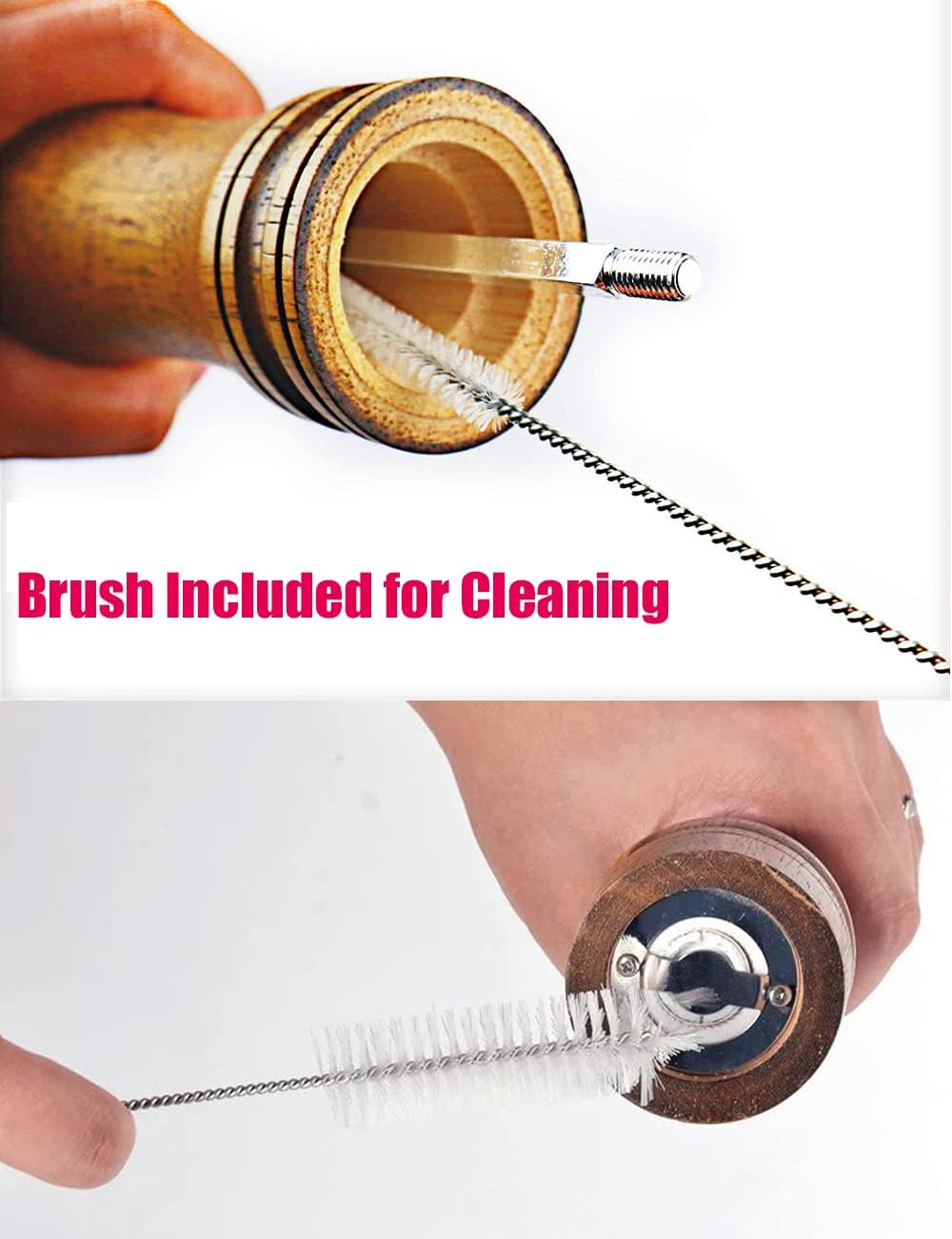 2 Pack Wooden Salt and Pepper Grinders with Cleaning Brush and Spoon, 20.3Cm/8Inch Refillable Manual Spice Grinder Mills Set, Kitchen Hand Peppercorn Shakers Mills with Adjustable Coarseness image number 5