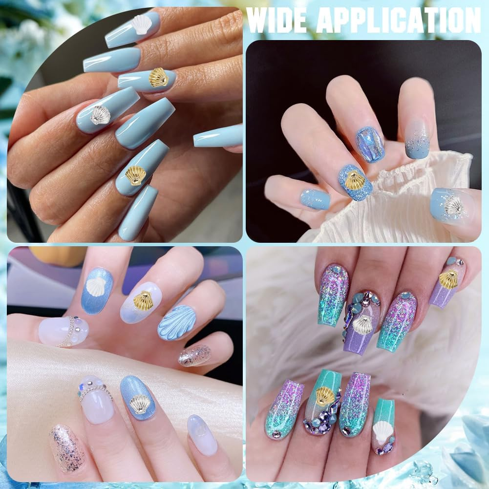 CRASPIRE 48Pcs/Box Sea Shell Nail Charms 3D 3 Colors Summer Ocean Luxury Seashell Gold Silver White Nail Gems Metal Alloy Flat Punk Studs Decor for Women Nail Art DIY Craft Jewelry Decor Accessories image number 4