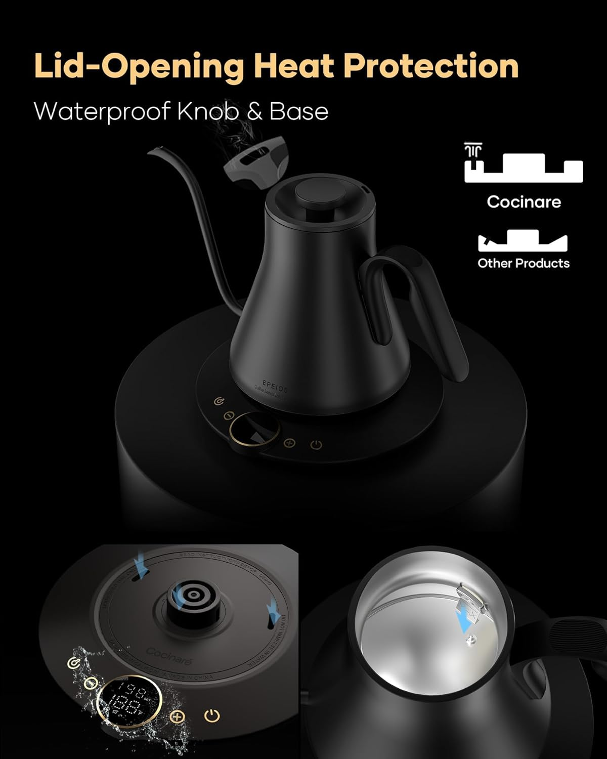 Cocinare FLOW B9 Gooseneck Electric Kettle, Precise Temperature Control for Pour-Over Coffee & Tea Brewing, Stainless Steel Interior, Rapid Heating for Boiling Water, 1500W/0.9L Matte Black