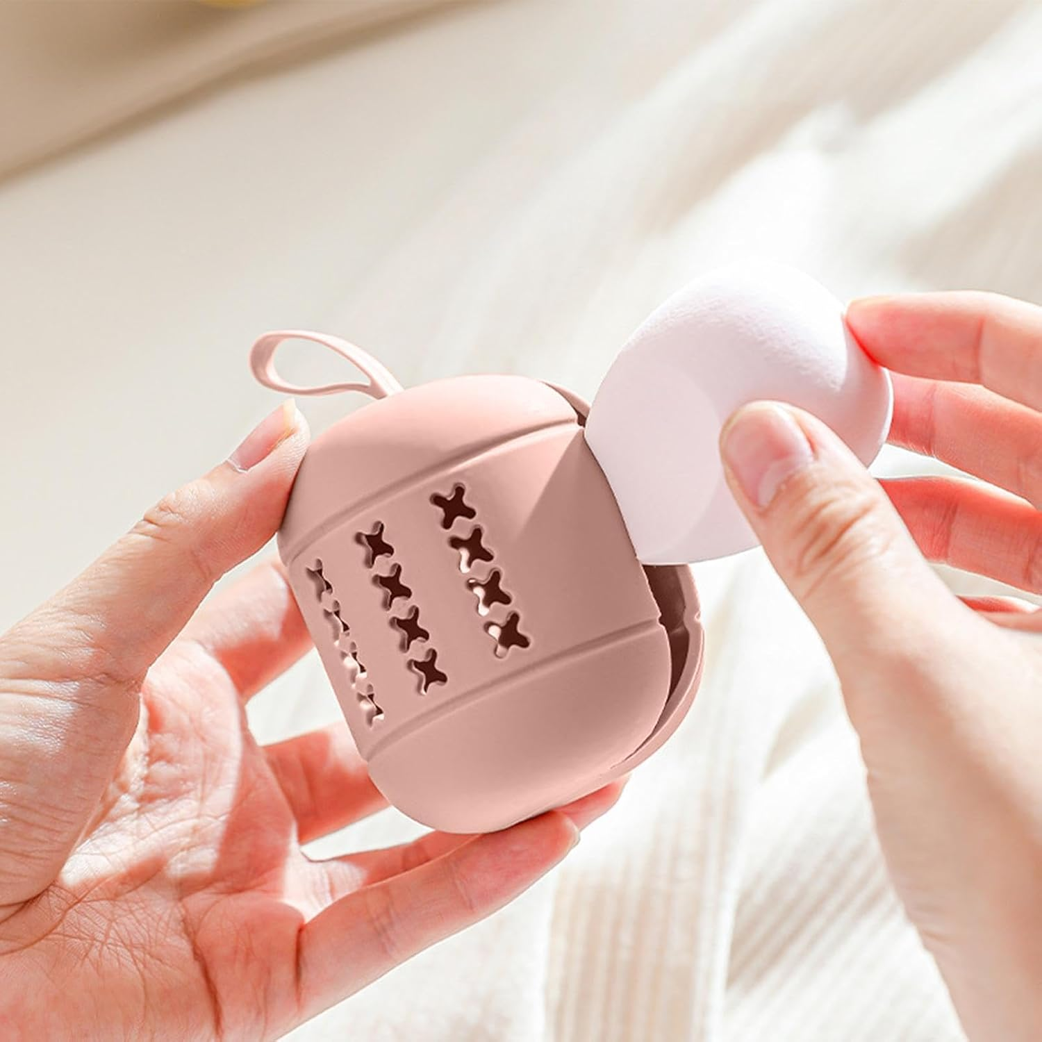 Makeup Sponge Holder, Beauty Sponge Case | Double Sided Breathable Silicone Powder Puff Holder, Cosmetic Sponge Container for Any Sponge - Cream Color image number 7