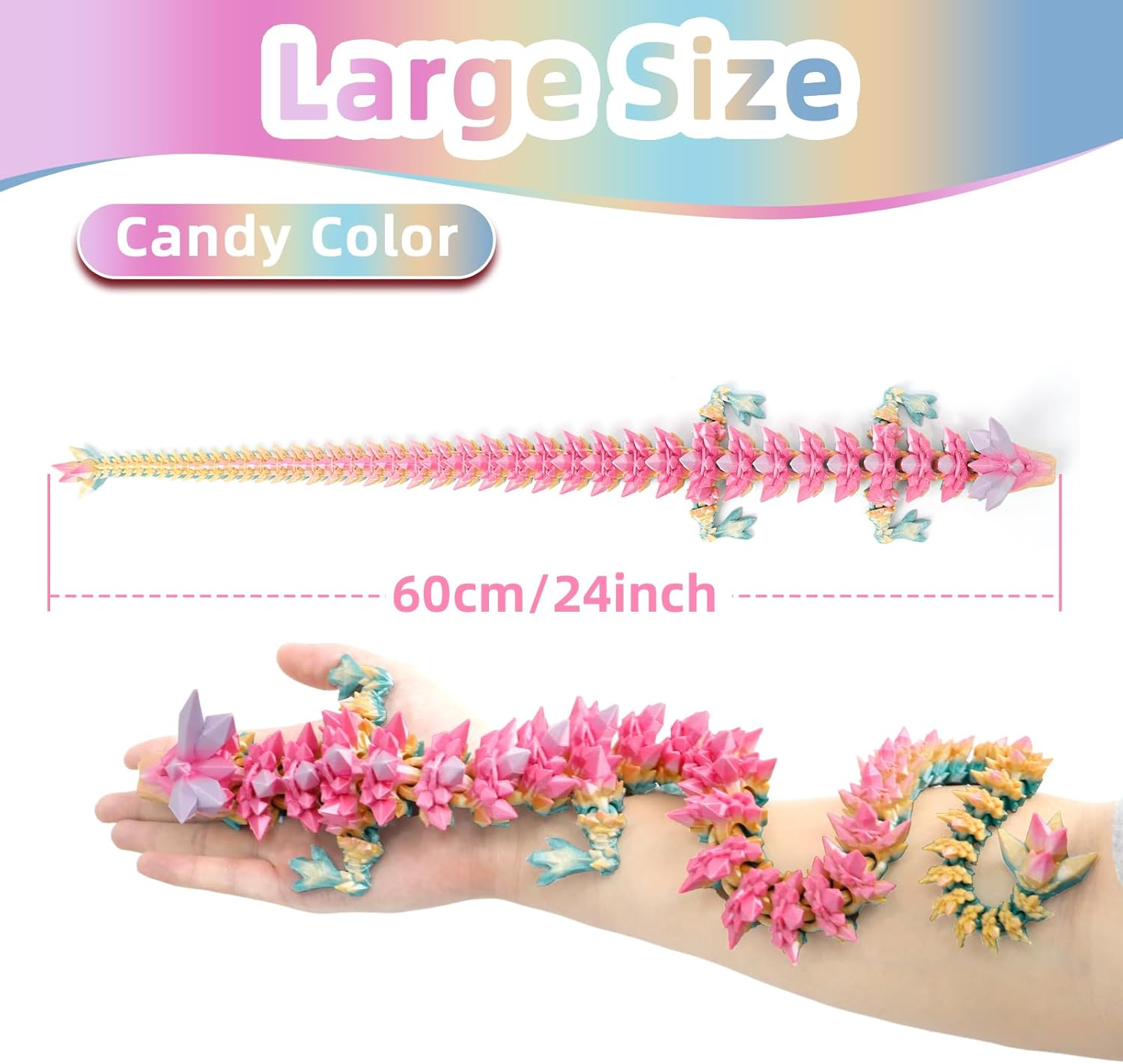 3D Printed Dragon - 24 Inch Fidget Toy, Large Crystal Articulated Dragon, 3D Printed Gift for Birthday, Figurine Decor, Desk Pet(Candy Rainbow) - Rainbow-M image number 6