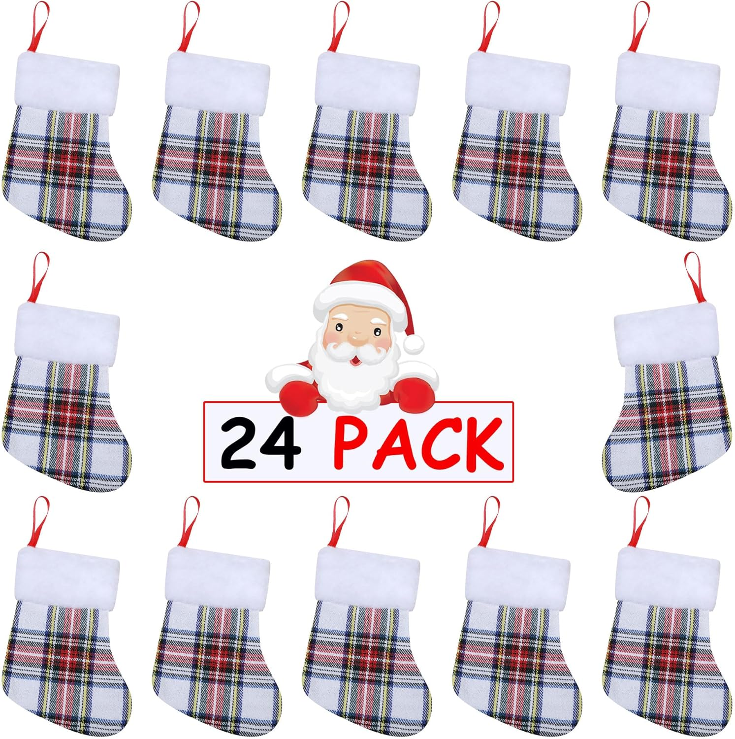 Mini Christmas Stockings 7 Inch 24Pcs, Buffalo Plaid Christmas Stockings, Christmas Hamging Ornaments
