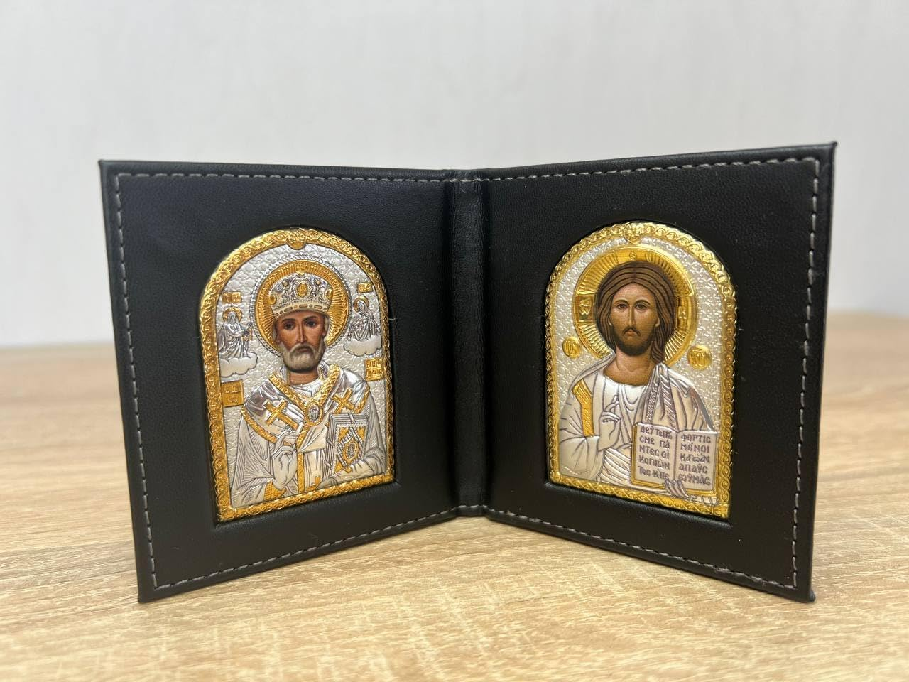 (K-03-01) Jesus Christ - Saint Nicholas/Byzantine Silver Orthodox Pocket Icon/Greek/Handmade (Black, 3X3) image number 4