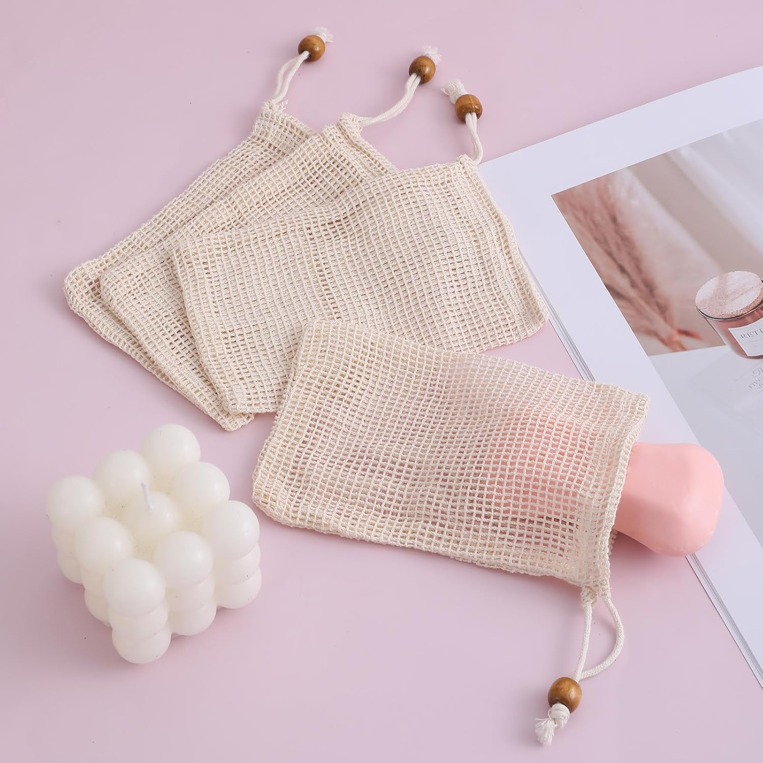 5 Pack Soap Exfoliating Bag Natural Sisal Soap Saver Bag Pouch Natural Soap Saver Bar Soap Bag with Drawstring for Exfoliating Foaming and Drying Soap Holder image number 4