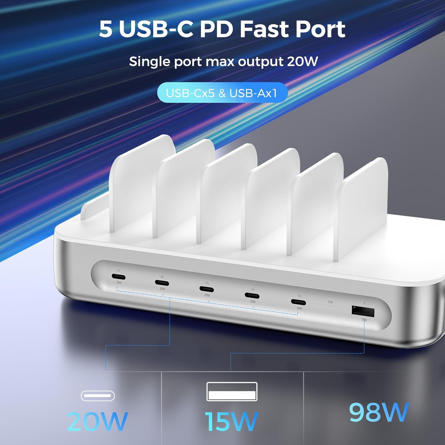 4Smarts 100W USB C Charging Station for Multiple Devices, 6 Port Multi Device Fast Charging Hub, Office & Home Workstations for Iphone Ipad Tablets Android Devices, Silver (6 Cables Included) - Grey image number 6