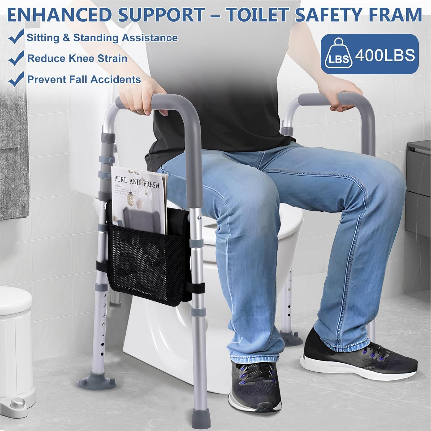 Toilet Safety Rails - Stand Alone Toilet Safety Frame & Grab Bar, Adjustable Bathroom Support Handles - Fits Most Toilet image number 3