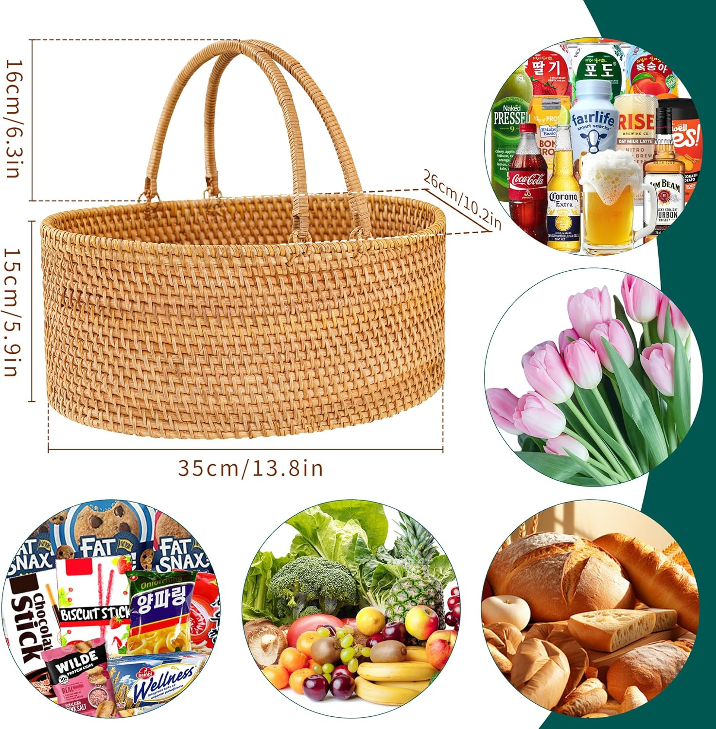 35&times;26&times;15CM Rattan Picnic Basket with Handles, Large Oval Gift Baskets for Fruit, Empty Gift Basket for Festival, Wedding, Camping image number 1
