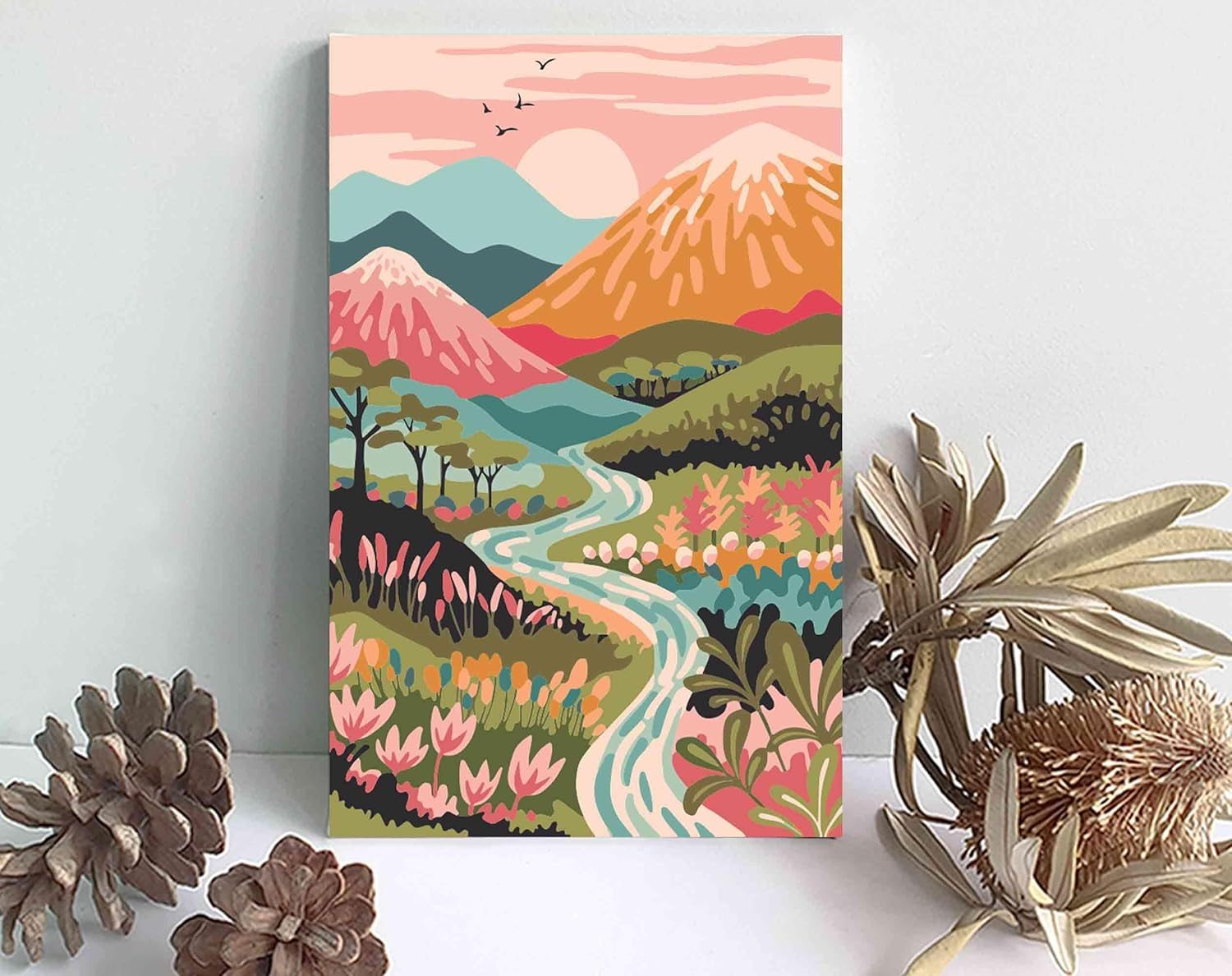 Pink Mountains Paint by Numbers Kit on Framed Canvas, Mom Gift, Mothers Day Gift, Abstract Sunrise Landscape Painting, DIY Adult Craft, 20X30Cm Beginner, Minimalist Wall Art image number 1