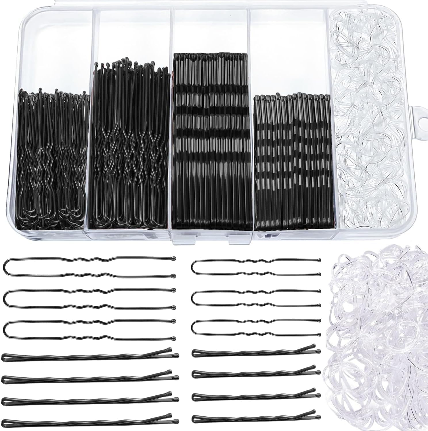 300Pcs Bobby Pins Set, 100 Hair Grips 100 U Shaped Pins 100 Hairbands for Women, Hairpins for Buns, Black Hair Styling Accessories with Storage Box image number 1