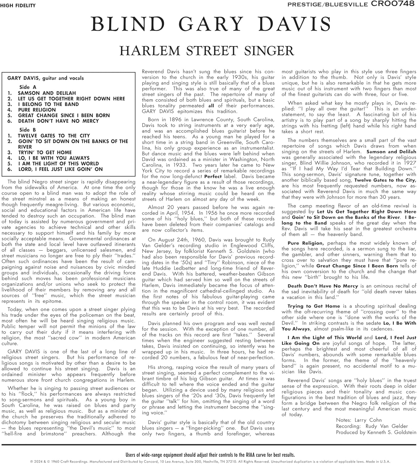 Harlem Street Singer (Bluesville Acoustic Sounds Series)