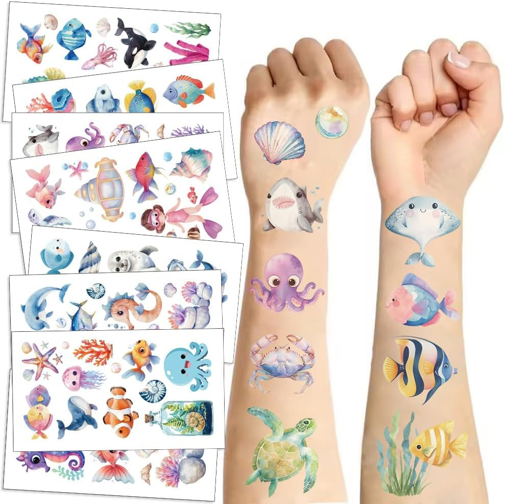 10 Sheets Ocean Animal Tattoos, Shark, Whale, Fish, Pre Kill Temporary Tattoos for Kids, Cute Themed Birthday Party Gifts, Decorations, Fake Tattoo Stickers image number 3