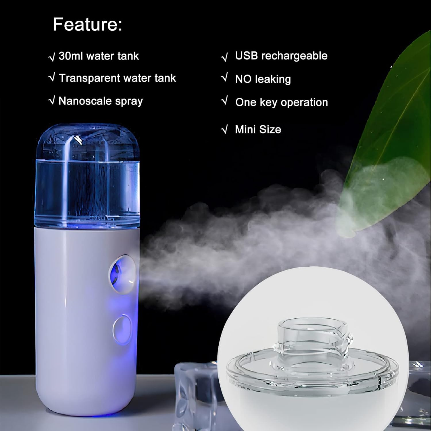 2 Pieces Portable Nano Facial Mister,Compact Facial Mister Spray Bottle with 30Ml Distilled Water Tank for One Touch Hydrating Face Mist,Usb Rechargeable Facial Mist Spray(White & Blue) image number 2